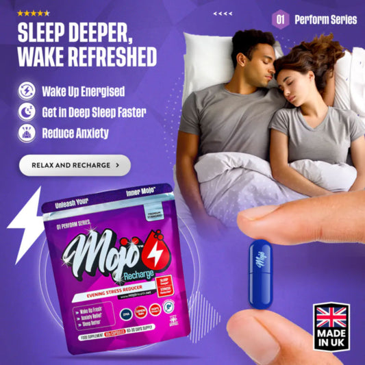 4x Subscription - MOJO™ RECHARGE SLEEP Capsules | Non-Drowsy Night Time PM Mood Calm | ZMA Chamomile Hops Valerian L-Theanine Supplement (Copy)