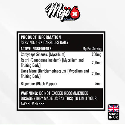 Mojo Lions Mind Lions Mane Ingredients Reishi Cordyceps Mushroom Nootropic Neurotropics Alpha Brain Genius Capsules Supplements